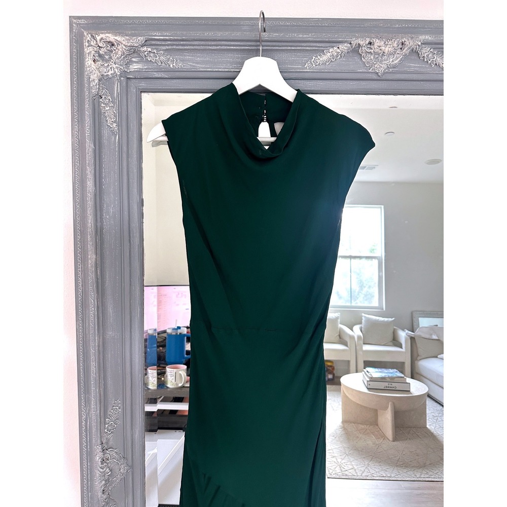 NWT Reformation Alizee Dress Forest Green Mock Neck Chiffon Maxi Gown Slvless 4 - Picture 5 of 9